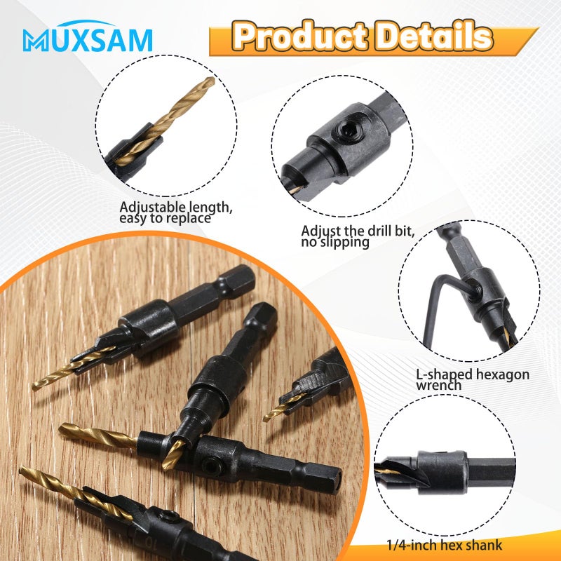 MUXSAM 1/4 inch Hex Shank Countersink Drill Bit Power Tools Accessories for Plastic Metal Woodworking Tool by Power Drill 5Pcs/Set #5#6#8#10#12 (Gold) - Image 3